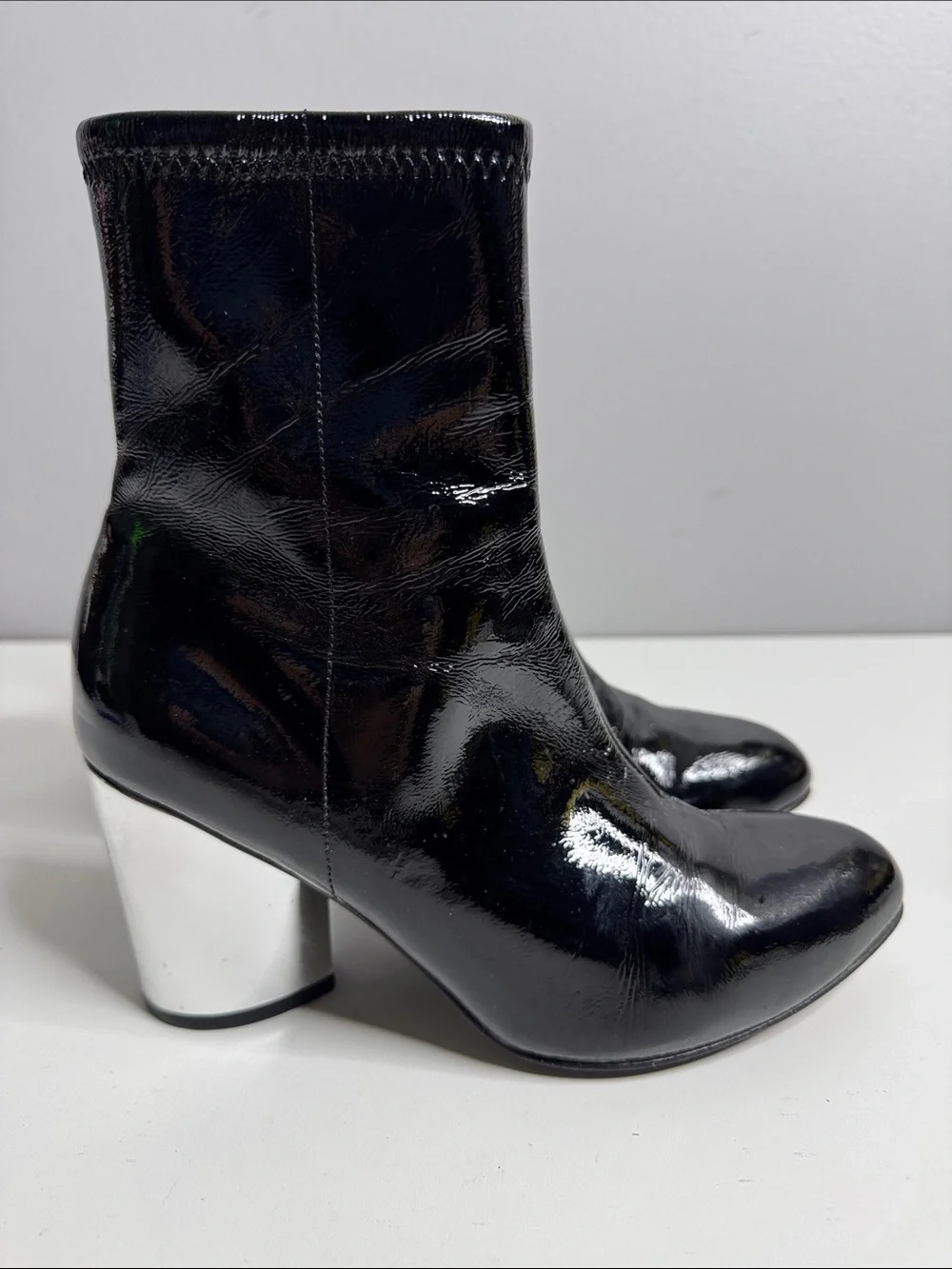 Opening Ceremony Black Patent Leather Ankle Boots with Silver Block Heels